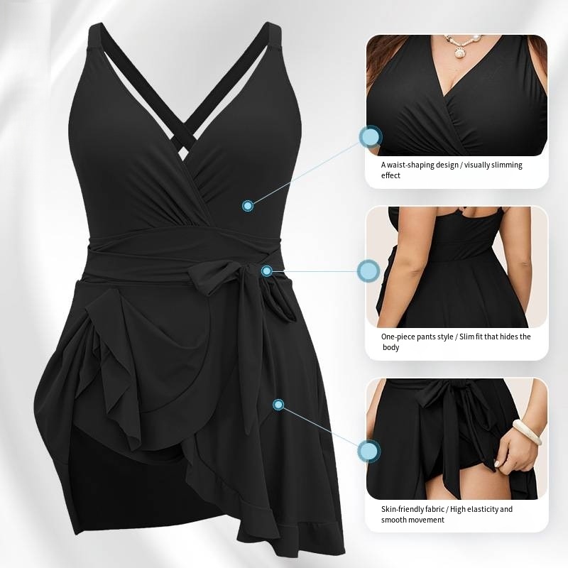 Plus Size One Piece Swimsuit Sleeveless V-Neck Bandage Cover Up Swim Dress